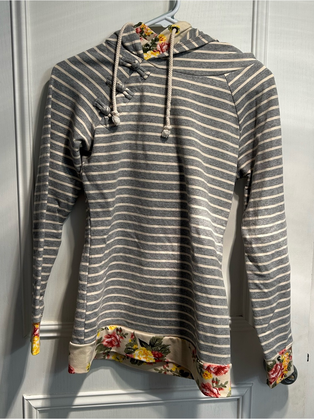 Gray & Cream Striped Hoodie with Floral Trim - Women Sweater